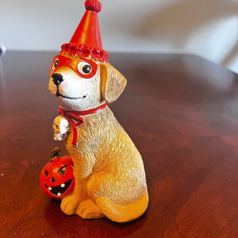 Halloween Dog Figurine Red Party Hat Skull Pumpkin‎ Accent Hand-Painted spooky a